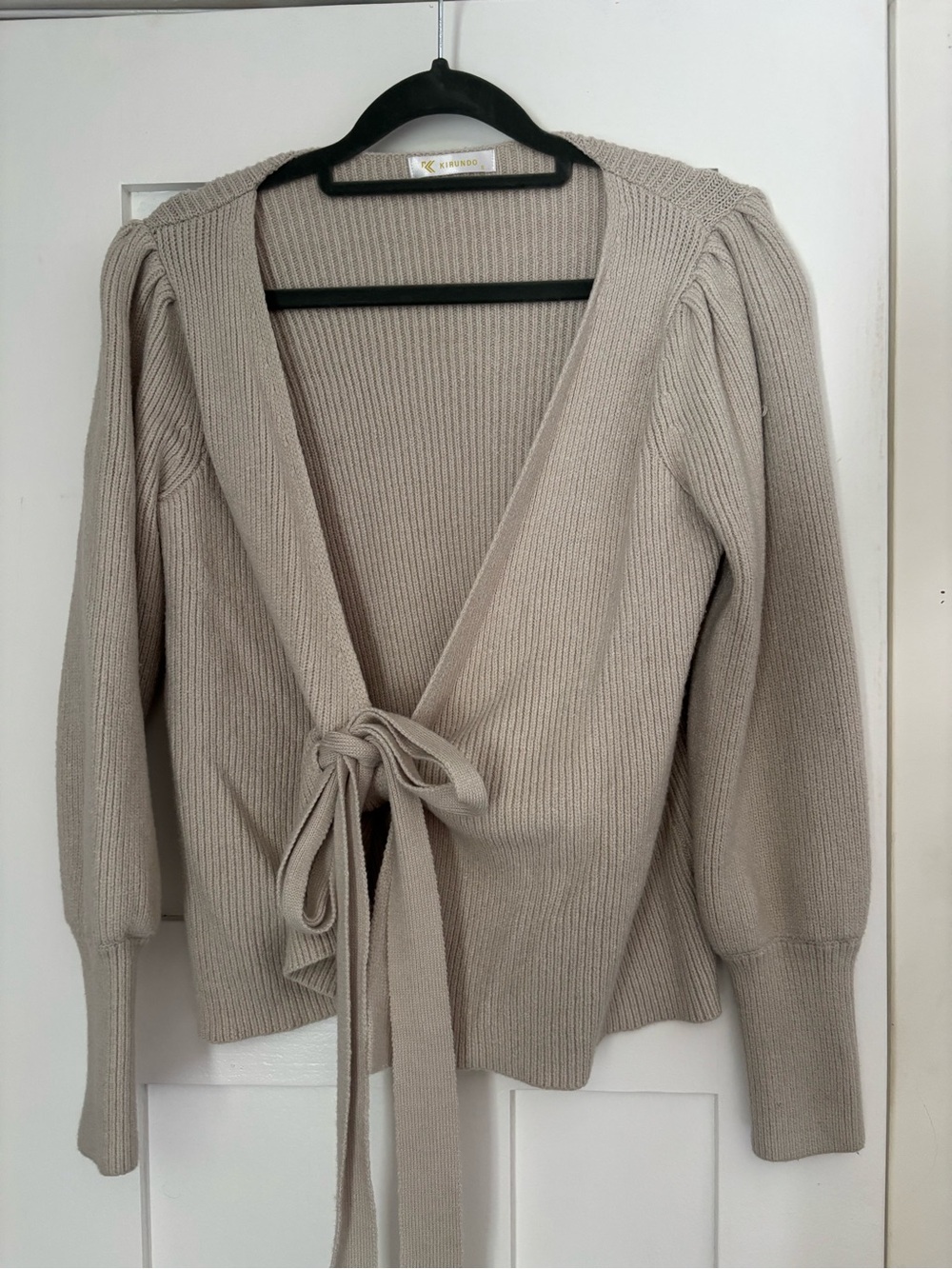 Tie-Front Ribbed Knit Sweater Cardigan - Beige